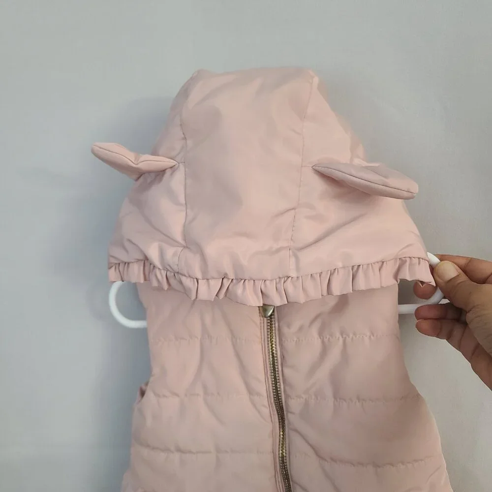 H&M Girls Sz 9-12 Months Blush Pink Ruffle Kitten Hooded Ears Peplum Puffer Vest
